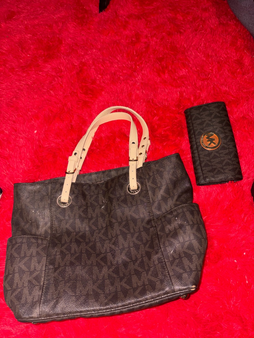 Michael Kors Brown Monogram Tote with Cream Leather Handles and Matching Wallet